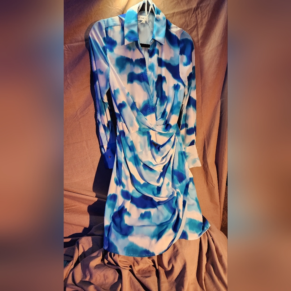 Calvin Klein Women's Printed Georgette V-Neck Long Sleeve Front Gathered dress